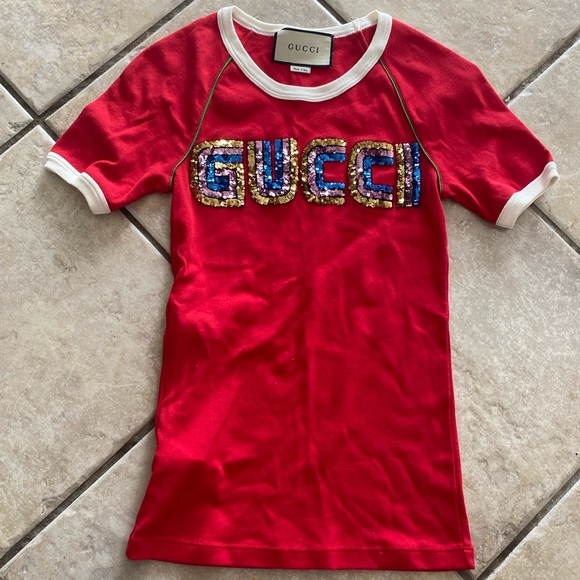 Gucci Tops - Gucci Red Sequin Logo Ringer Tee - Ribbed Jersey Knit Shirt XXS | EUC